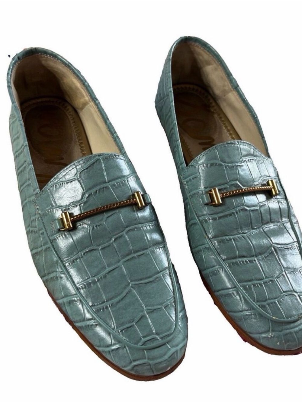 Sam Edelman Women's Croc-Embossed Loafers in Light Teal with Gold Bit - Picture 2 of 6